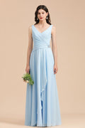 Vestido de dama de honor de gasa con escote en V, corte A, sin mangas, largo hasta el suelo, vestido de novia sencillo