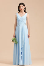 Vestido de dama de honor de gasa con escote en V, corte A, sin mangas, largo hasta el suelo, vestido de novia sencillo
