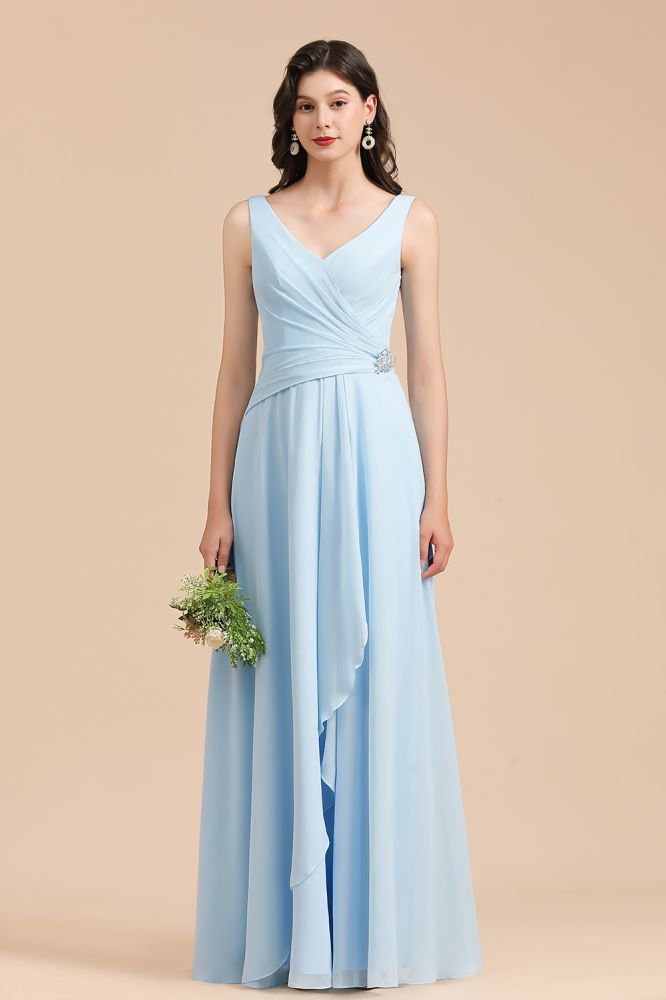 Vestido de dama de honor de gasa con escote en V, corte A, sin mangas, largo hasta el suelo, vestido de novia sencillo