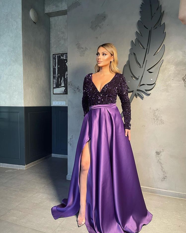 V-neck Evening Gowns For Women A-Line Split Prom Dress
