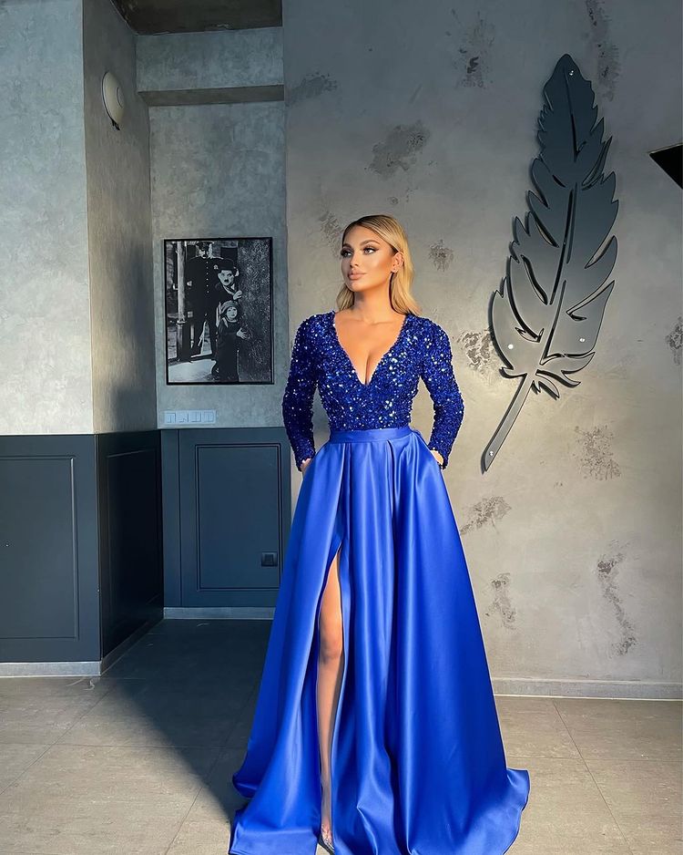 V-neck Evening Gowns For Women A-Line Split Prom Dress