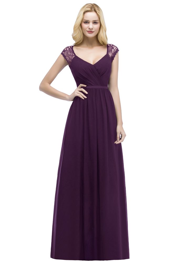 Vestidos de dama de honor de gasa con encaje, escote en V, largo hasta el suelo, corte A y faja