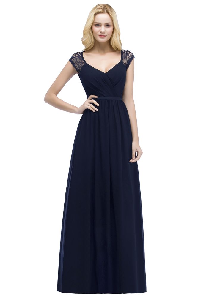 Vestidos de dama de honor de gasa con encaje, escote en V, largo hasta el suelo, corte A y faja