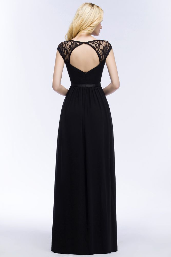 Vestidos de dama de honor de gasa con encaje, escote en V, largo hasta el suelo, corte A y faja