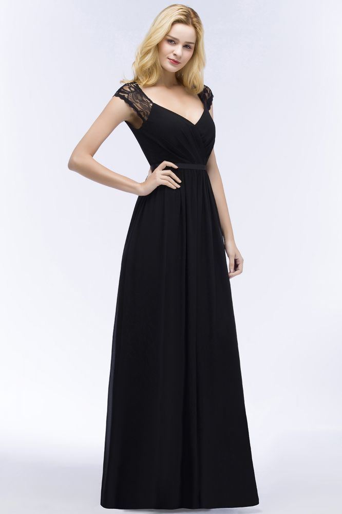 Vestidos de dama de honor de gasa con encaje, escote en V, largo hasta el suelo, corte A y faja