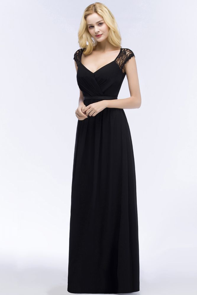 Vestidos de dama de honor de gasa con encaje, escote en V, largo hasta el suelo, corte A y faja