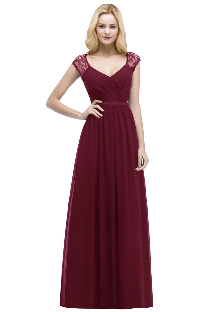 Vestidos de dama de honor de gasa con encaje, escote en V, largo hasta el suelo, corte A y faja