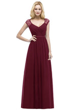 Vestidos de dama de honor de gasa con encaje, escote en V, largo hasta el suelo, corte A y faja