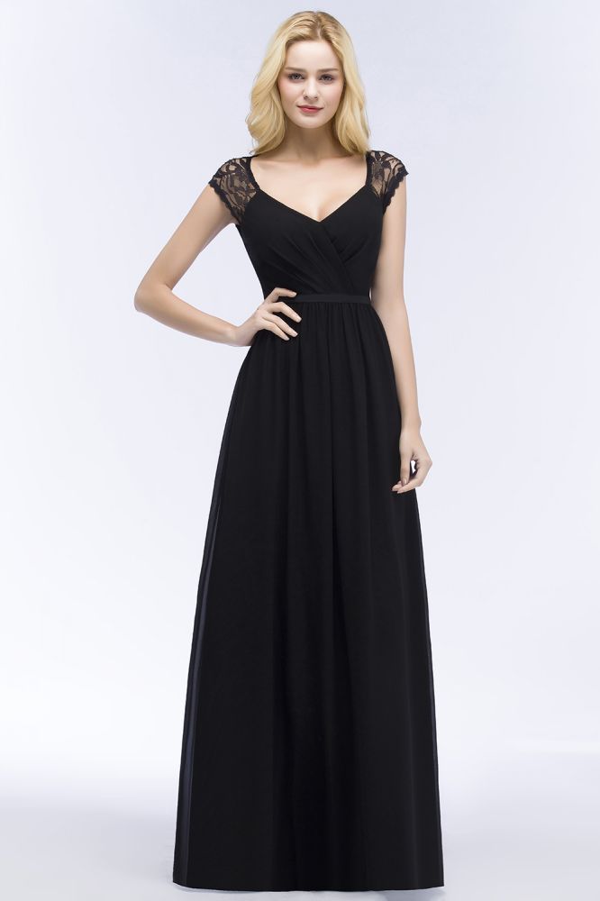 Vestidos de dama de honor de gasa con encaje, escote en V, largo hasta el suelo, corte A y faja