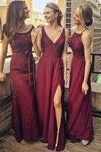 Vestido de dama de honor de gasa color uva, largo hasta el suelo, con escote en V y abertura BD036