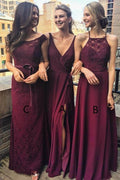 Vestido de dama de honor de gasa color uva, largo hasta el suelo, con escote en V y abertura BD036