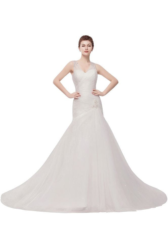 V-neck Floor Length Mermaid Crystals Tulle Wedding Dresses
