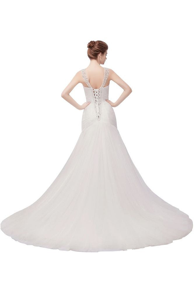 V-neck Floor Length Mermaid Crystals Tulle Wedding Dresses