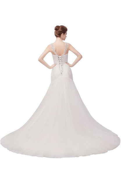 V-neck Floor Length Mermaid Crystals Tulle Wedding Dresses