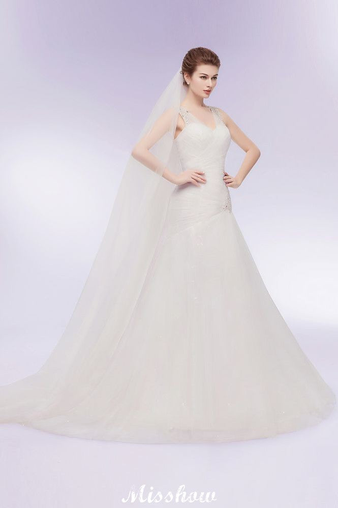 V-neck Floor Length Mermaid Crystals Tulle Wedding Dresses