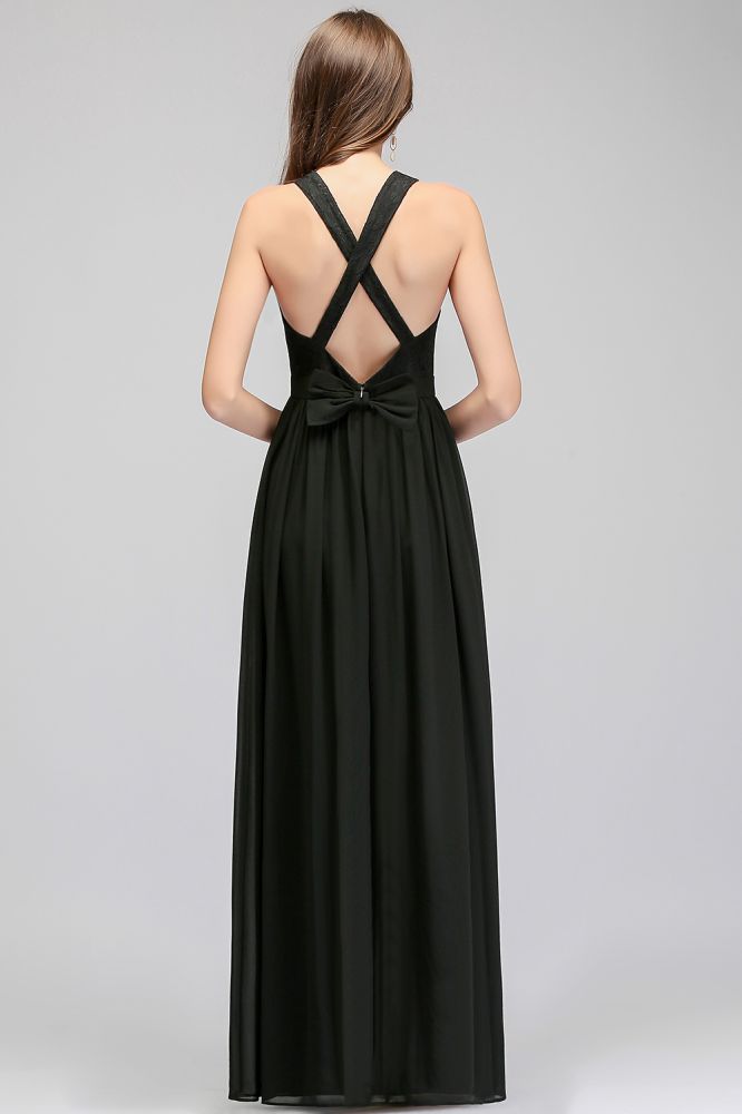 Vestido de dama de honor negro con escote en V, largo hasta el suelo, sin mangas y parte superior de encaje