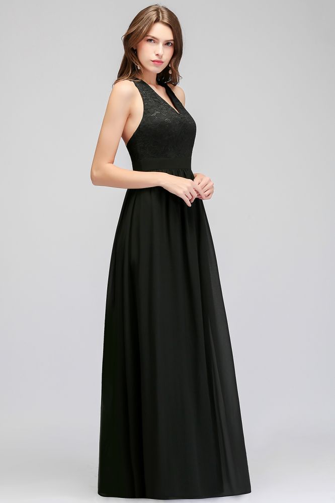 Vestido de dama de honor negro con escote en V, largo hasta el suelo, sin mangas y parte superior de encaje