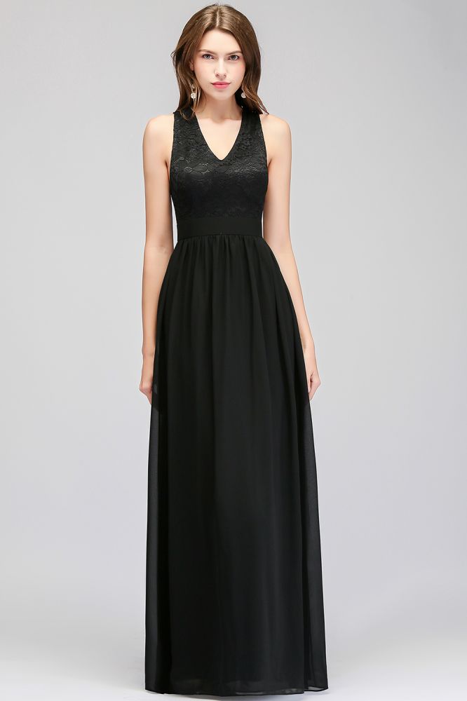Vestido de dama de honor negro con escote en V, largo hasta el suelo, sin mangas y parte superior de encaje