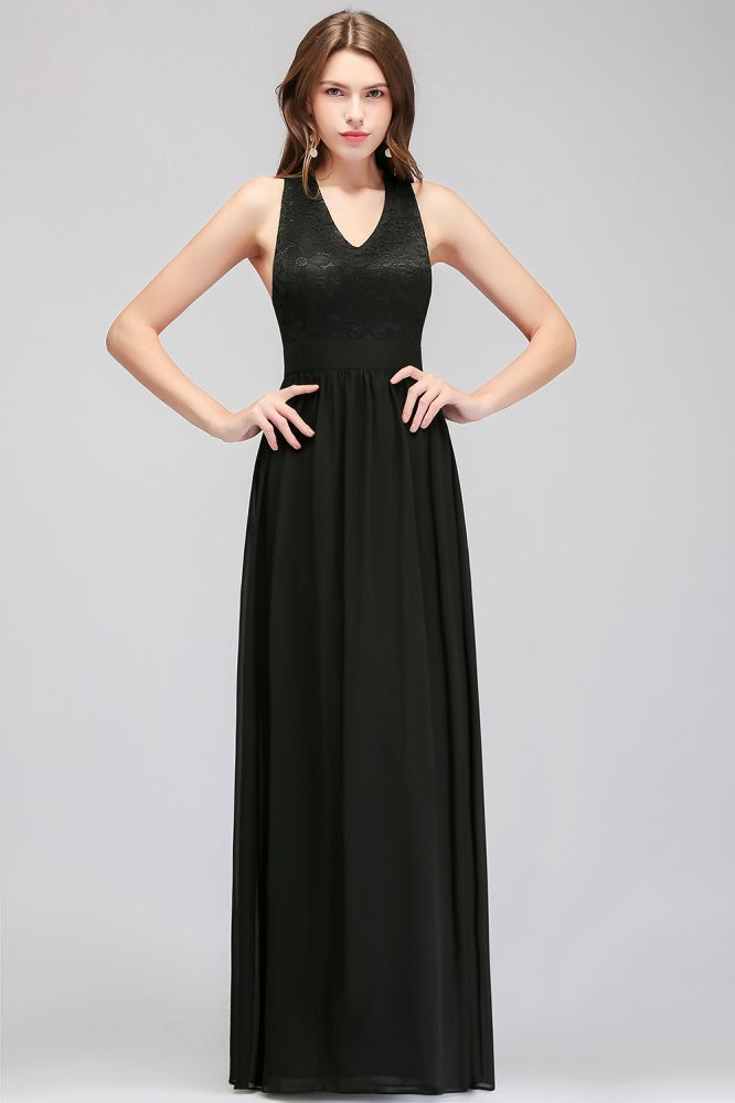 Vestido de dama de honor negro con escote en V, largo hasta el suelo, sin mangas y parte superior de encaje