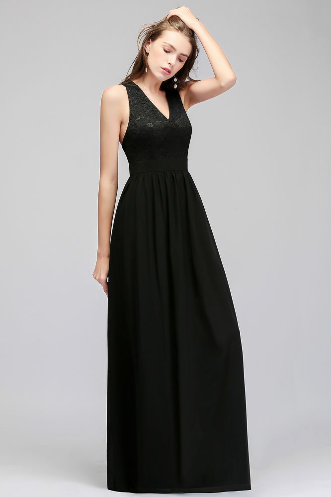 Vestido de dama de honor negro con escote en V, largo hasta el suelo, sin mangas y parte superior de encaje