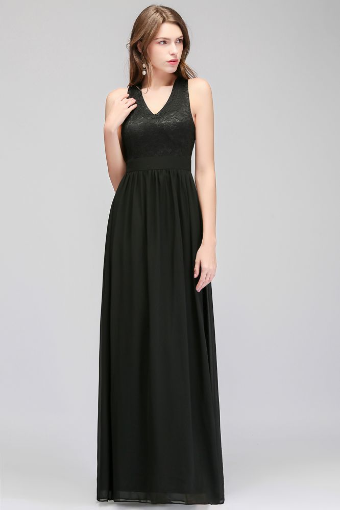 Vestido de dama de honor negro con escote en V, largo hasta el suelo, sin mangas y parte superior de encaje
