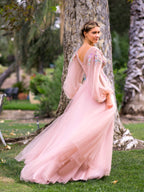 Bodenlanges Ballkleid aus Tüll mit V-Ausschnitt, Stickerei und Pailletten