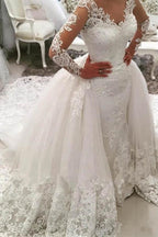 V-Neck Long Sleeves Appliques Watteau Train Wedding Dress  WD167