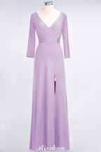 Vestido de dama de honor con escote en V, mangas largas, abertura lateral y volantes hasta el suelo