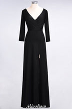 Vestido de dama de honor con escote en V, mangas largas, abertura lateral y volantes hasta el suelo