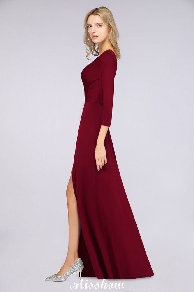 Vestido de dama de honor con escote en V, mangas largas, abertura lateral y volantes hasta el suelo