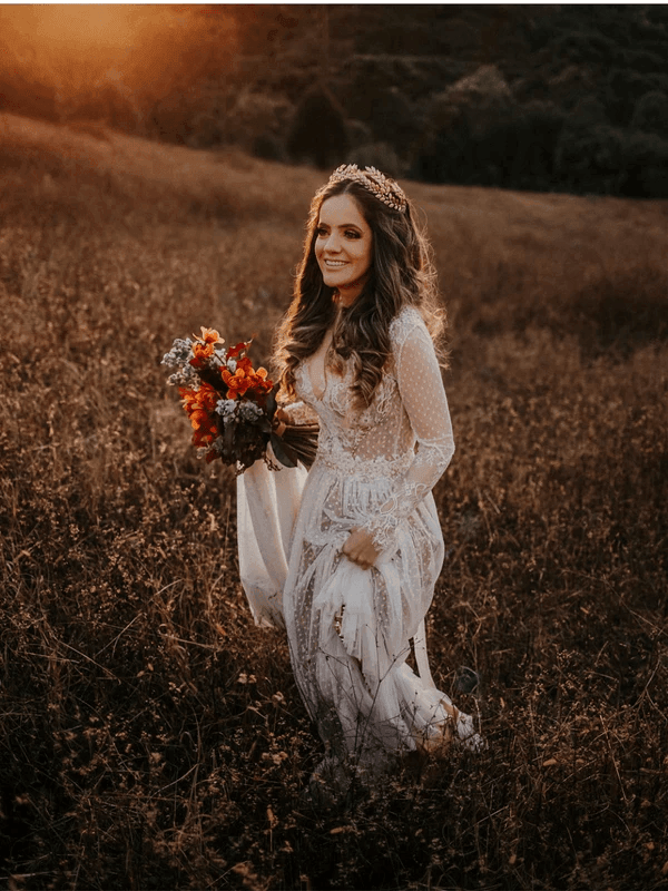 V-Neck Polka Dot Lace Open Back Long Sleeve  Boho Bridal Gown WD433