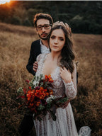V-Neck Polka Dot Lace Open Back Long Sleeve  Boho Bridal Gown WD433
