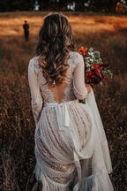 V-Neck Polka Dot Lace Open Back Long Sleeve  Boho Bridal Gown WD433