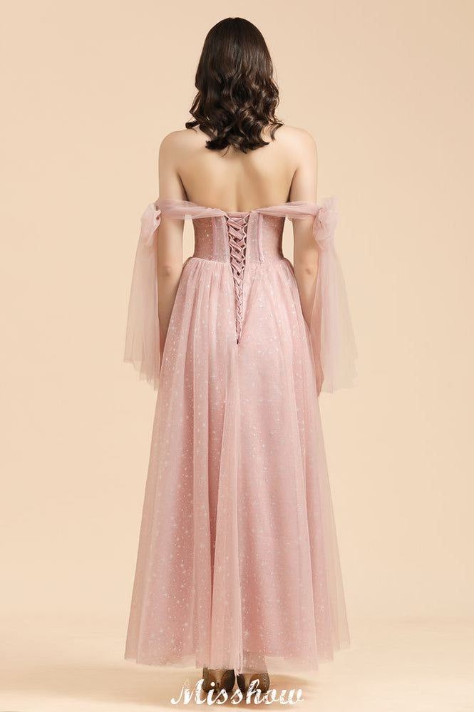 Vestido de dama de honor acampanado con escote en V y mangas abullonadas, color rosa polvoriento, para fiesta de boda