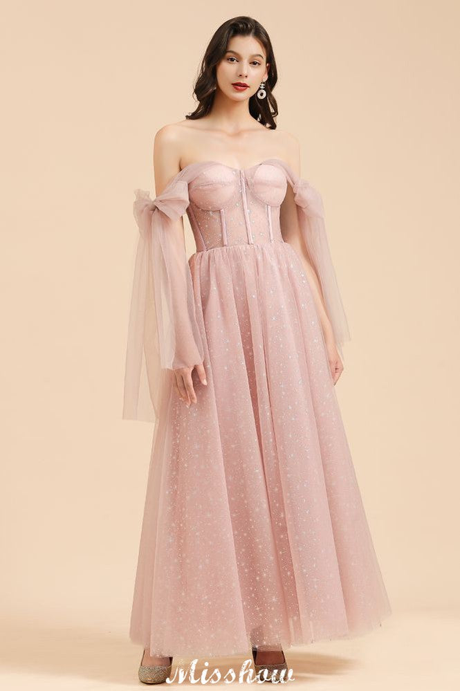 Vestido de dama de honor acampanado con escote en V y mangas abullonadas, color rosa polvoriento, para fiesta de boda