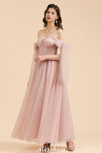 Vestido de dama de honor acampanado con escote en V y mangas abullonadas, color rosa polvoriento, para fiesta de boda