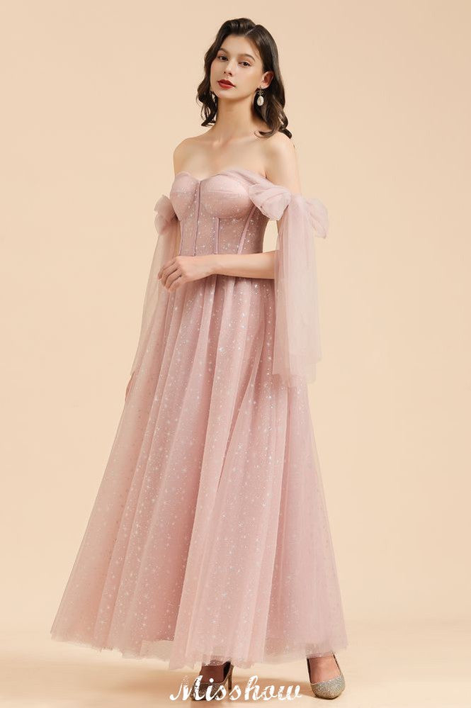 Vestido de dama de honor acampanado con escote en V y mangas abullonadas, color rosa polvoriento, para fiesta de boda