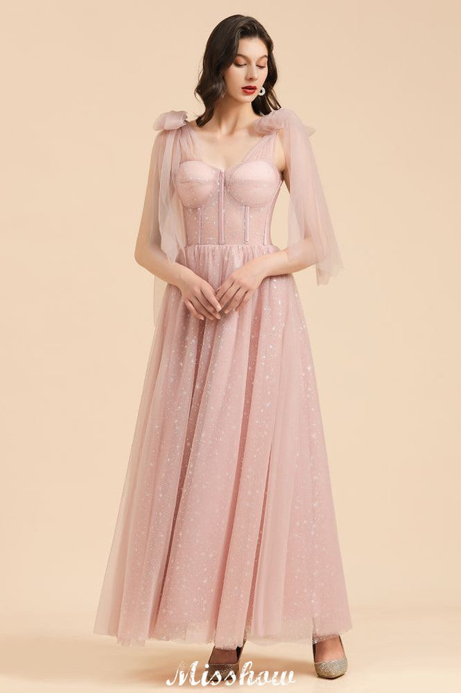 Vestido de dama de honor acampanado con escote en V y mangas abullonadas, color rosa polvoriento, para fiesta de boda