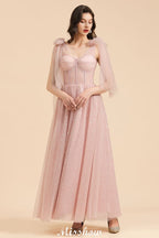 Vestido de dama de honor acampanado con escote en V y mangas abullonadas, color rosa polvoriento, para fiesta de boda