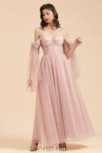 Vestido de dama de honor acampanado con escote en V y mangas abullonadas, color rosa polvoriento, para fiesta de boda