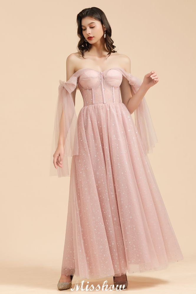 Vestido de dama de honor acampanado con escote en V y mangas abullonadas, color rosa polvoriento, para fiesta de boda
