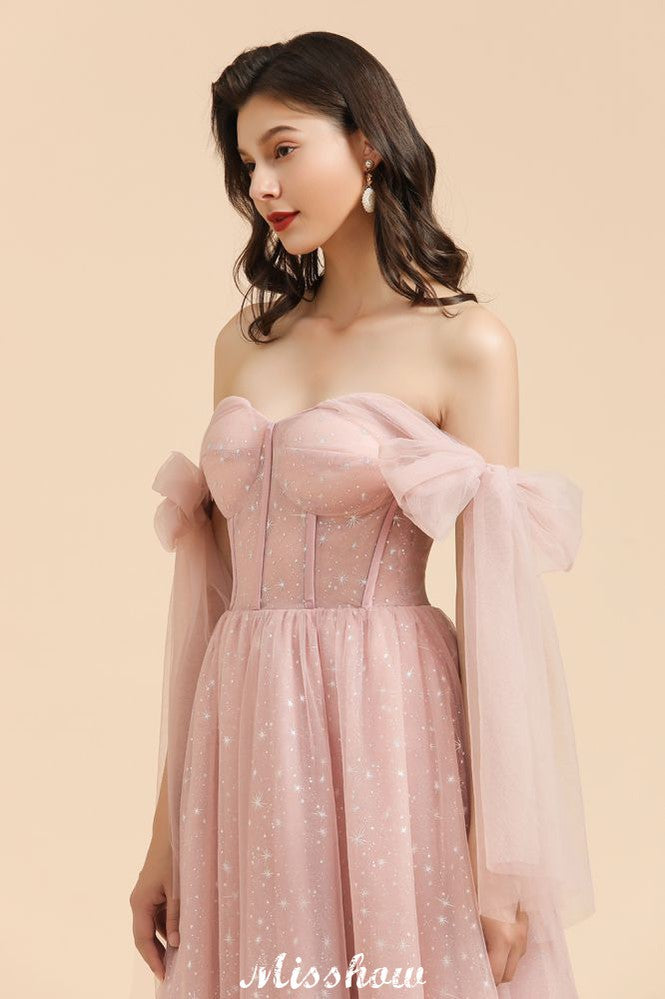 Vestido de dama de honor acampanado con escote en V y mangas abullonadas, color rosa polvoriento, para fiesta de boda