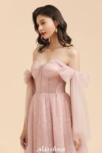 Vestido de dama de honor acampanado con escote en V y mangas abullonadas, color rosa polvoriento, para fiesta de boda