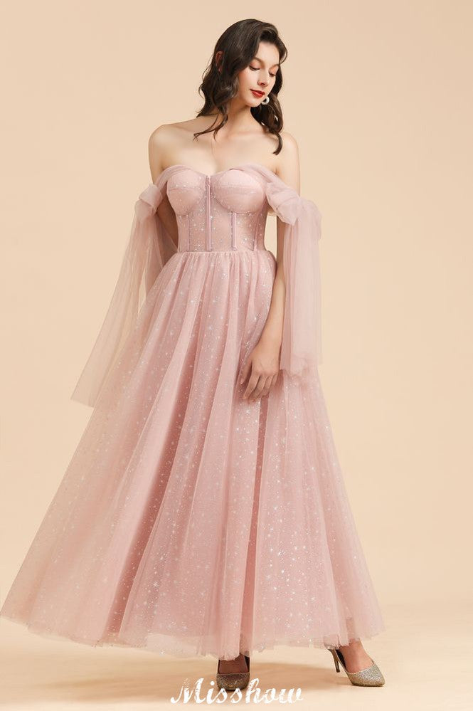 Vestido de dama de honor acampanado con escote en V y mangas abullonadas, color rosa polvoriento, para fiesta de boda