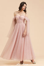 Vestido de dama de honor acampanado con escote en V y mangas abullonadas, color rosa polvoriento, para fiesta de boda