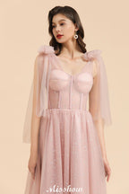 Vestido de dama de honor acampanado con escote en V y mangas abullonadas, color rosa polvoriento, para fiesta de boda