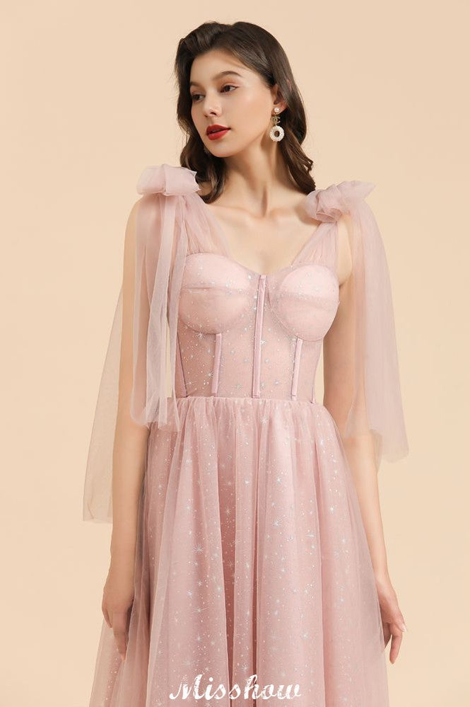 Vestido de dama de honor acampanado con escote en V y mangas abullonadas, color rosa polvoriento, para fiesta de boda