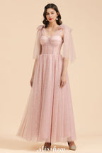 Vestido de dama de honor acampanado con escote en V y mangas abullonadas, color rosa polvoriento, para fiesta de boda
