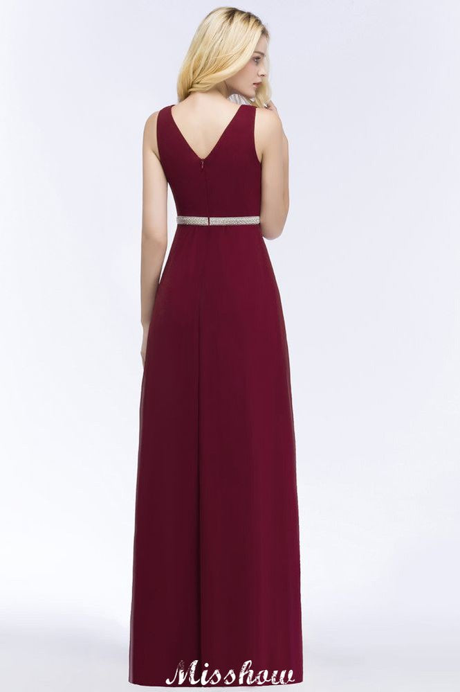 Vestido de dama de honor de gasa con escote en V, volantes, largo hasta el suelo, con cuentas y faja