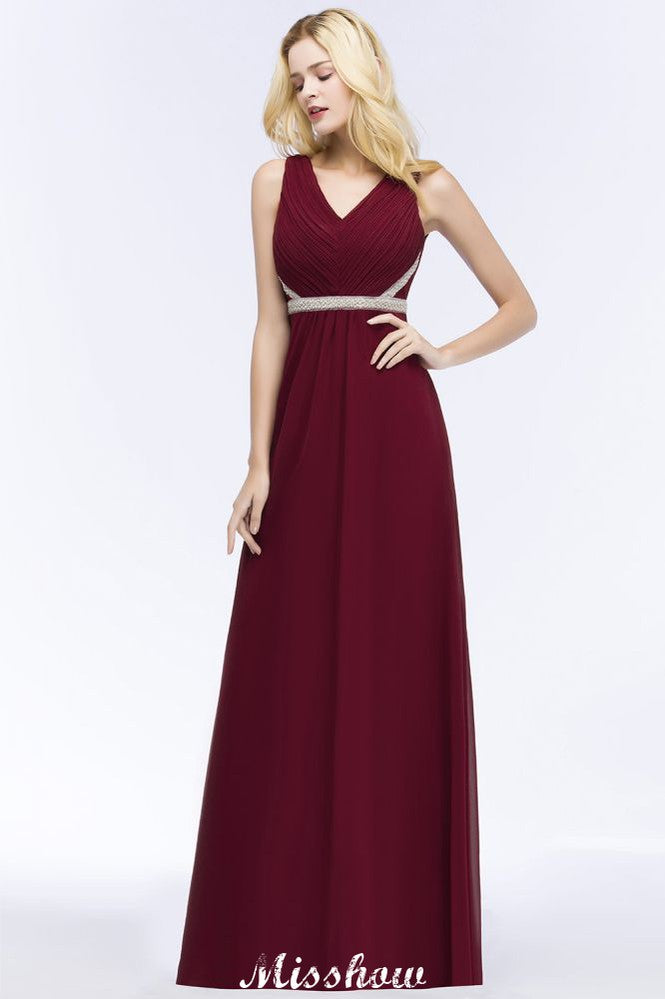 Vestido de dama de honor de gasa con escote en V, volantes, largo hasta el suelo, con cuentas y faja